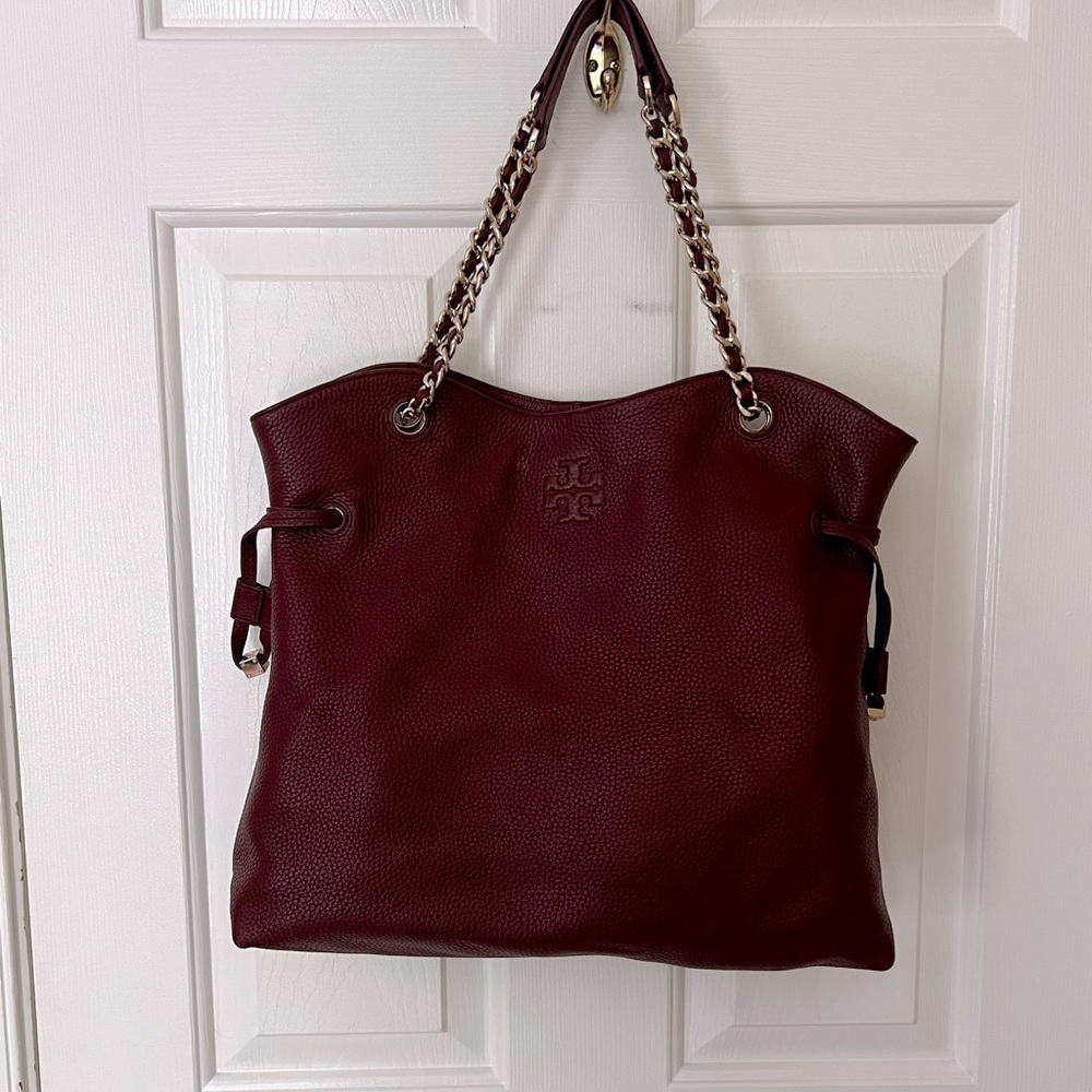 Tory Burch Burgundy Pebbled Leather Tote Bag